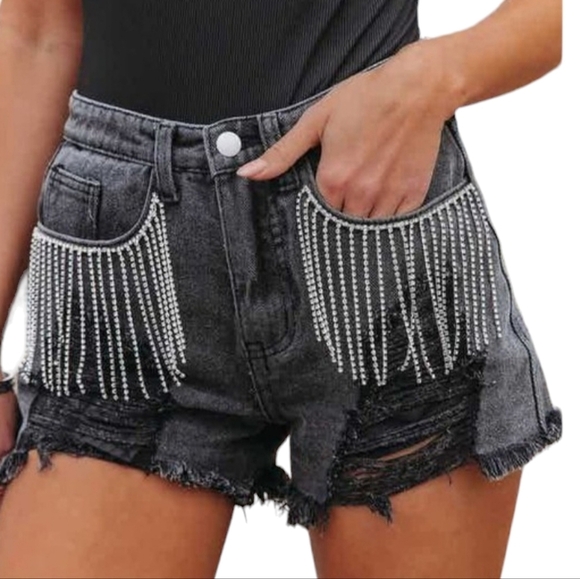Black Distressed Frayed Detail Fringe Rhinestone Denim Shorts - Picture 3 of 11